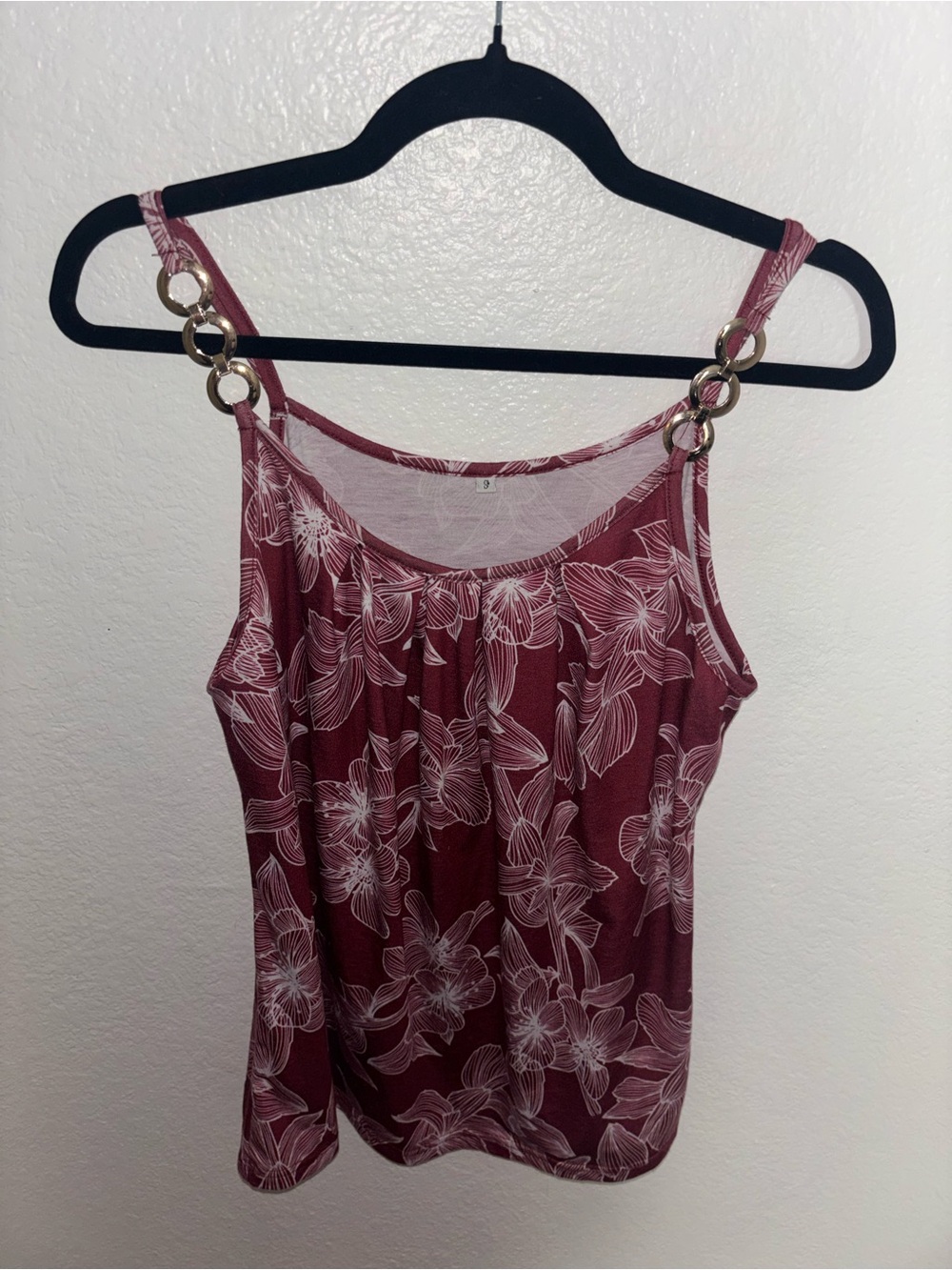 Metal Strap Accent Floral Burgundy Tank Top